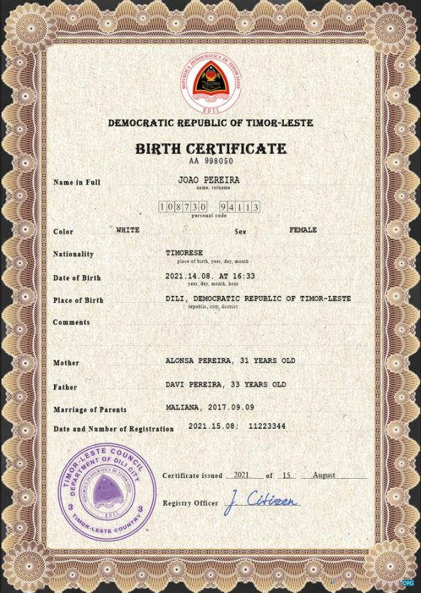Download Timor Leste vital record birth certificate PSD template Photoshop template